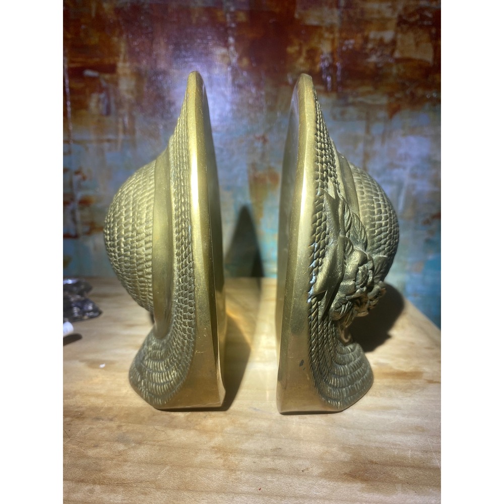 Vintage Solid Brass Sun Hat Bookends Woven Floral Straw Hat Decor Pair Heavy - Picture 2 of 7